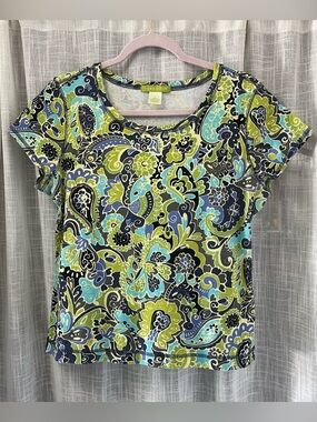 Sigrid Olsen Green And Blue Paisley Print Short Sleeve Shirt Size Large
